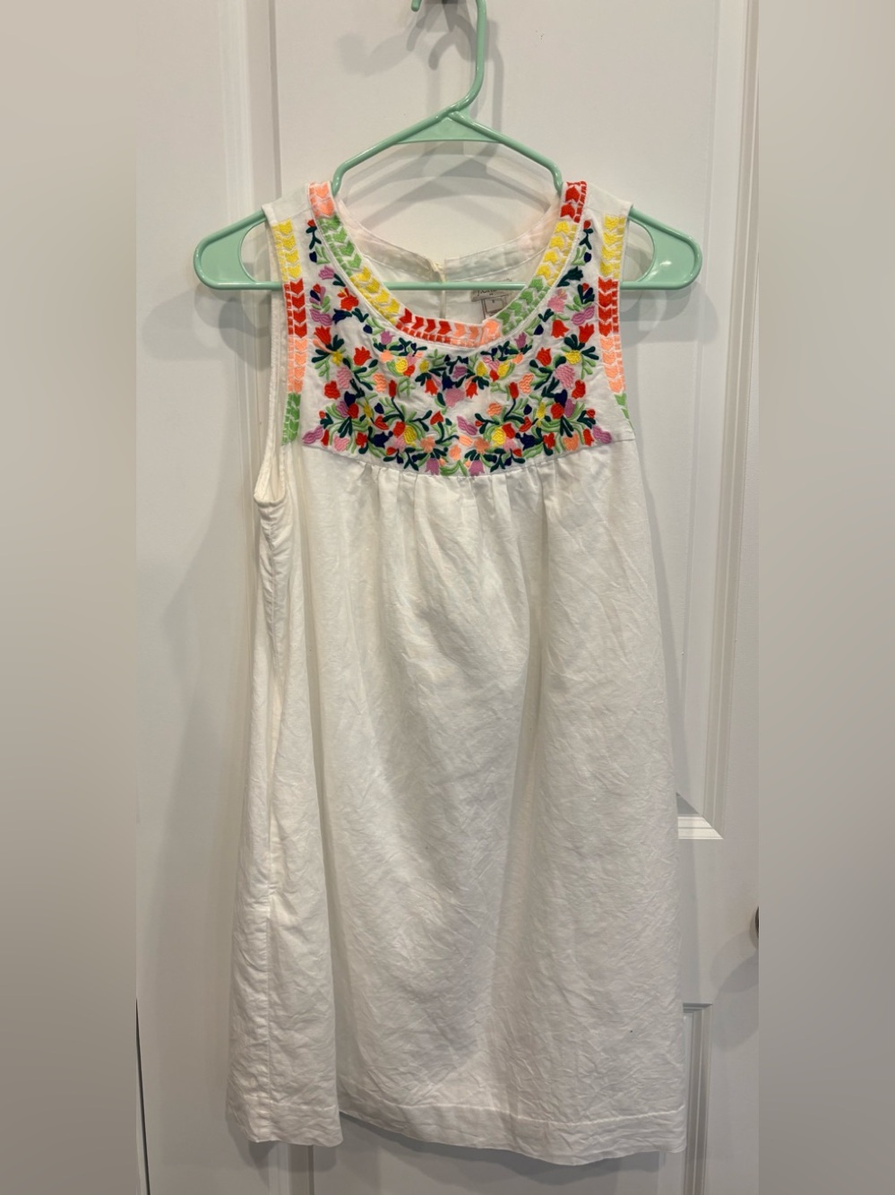 J. Crew White Midi Dress with Multicolor Embroidered Yoke